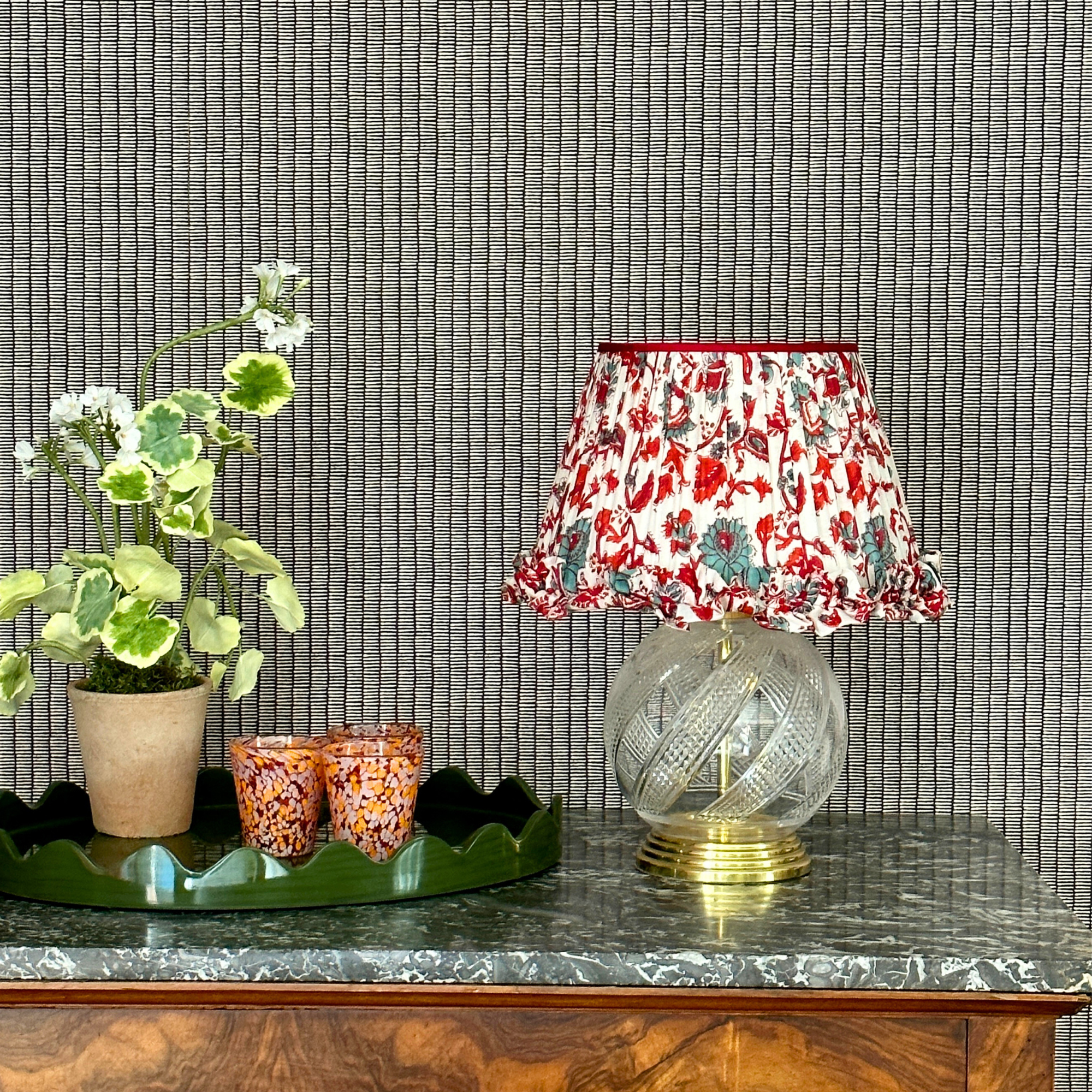 Red and Aqua blockprint Gathered Lampshade with Frill by Sarah Vanrenen