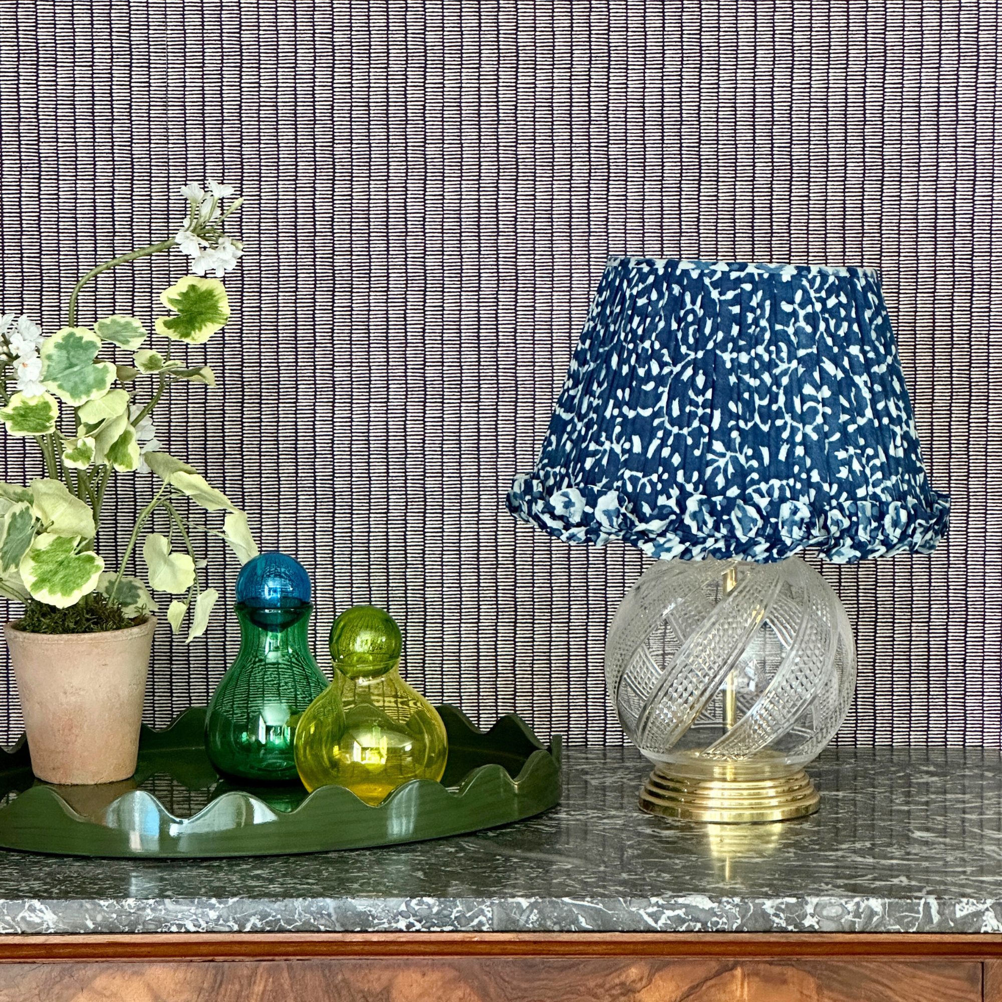 Blue blockprinted Gathered Lampshade with frill