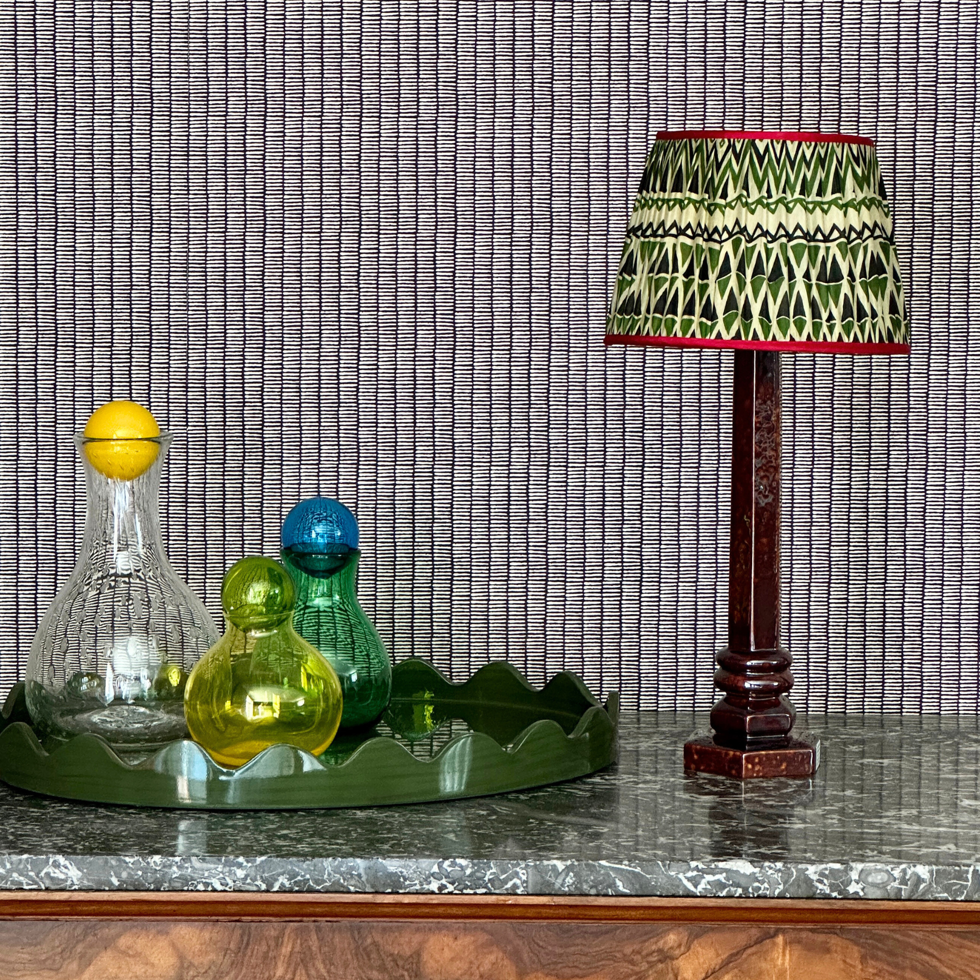 12 inch Green and Cream Silk Gathered Lampshade by Sarah Vanrenen