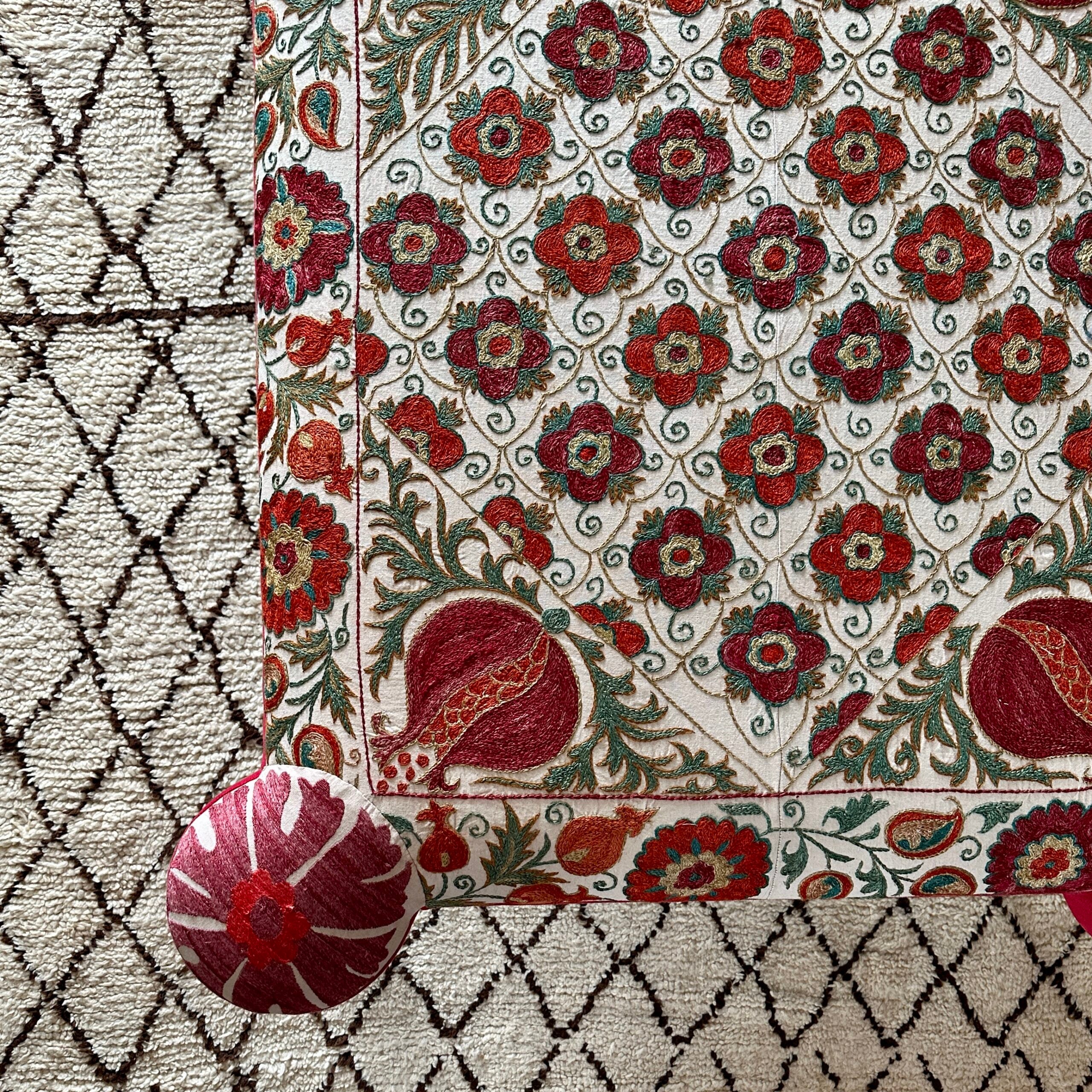 Eared Ottoman with Pomegranate Suzani by Sarah Vanrenen