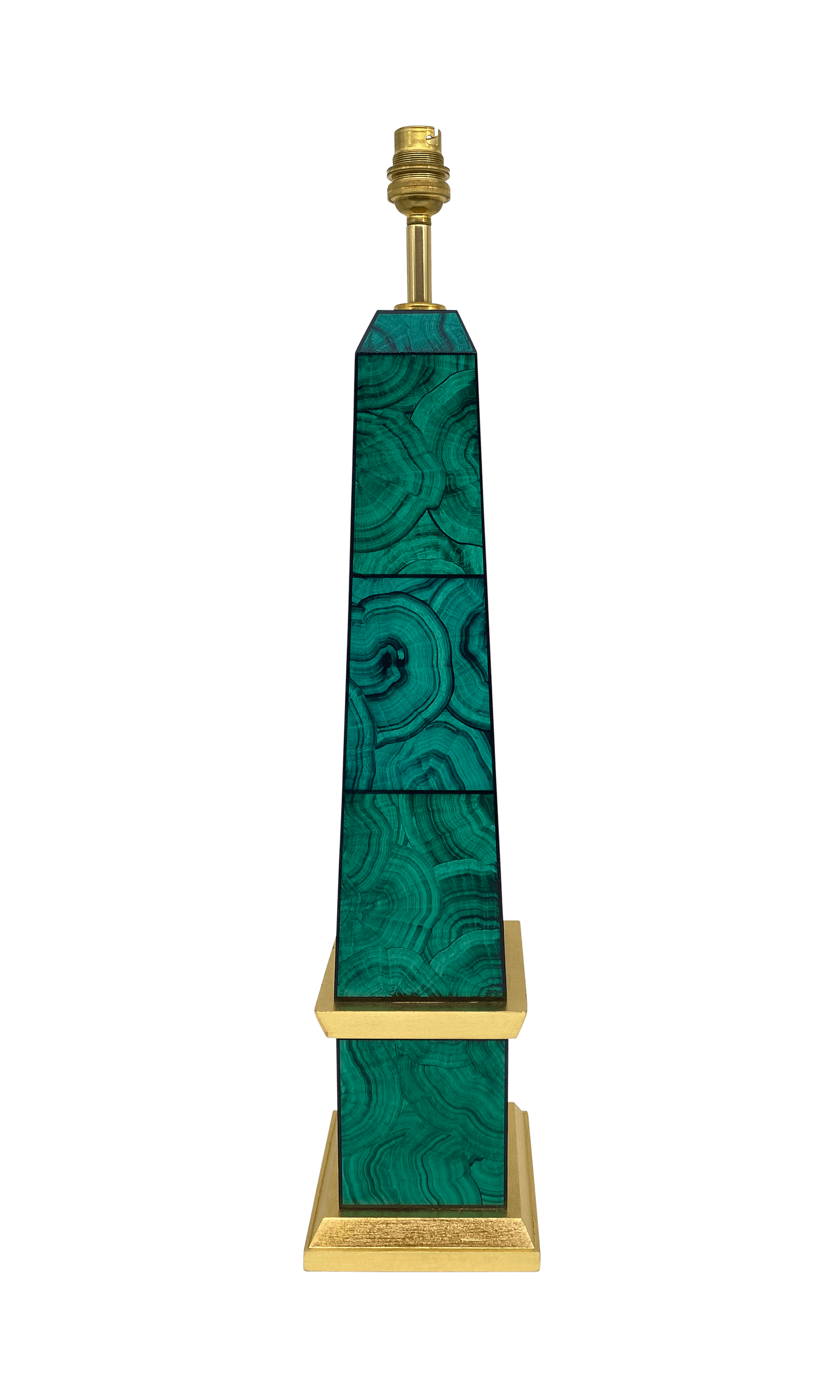 Handpainted malachite obelisk lamp with gold base and banding