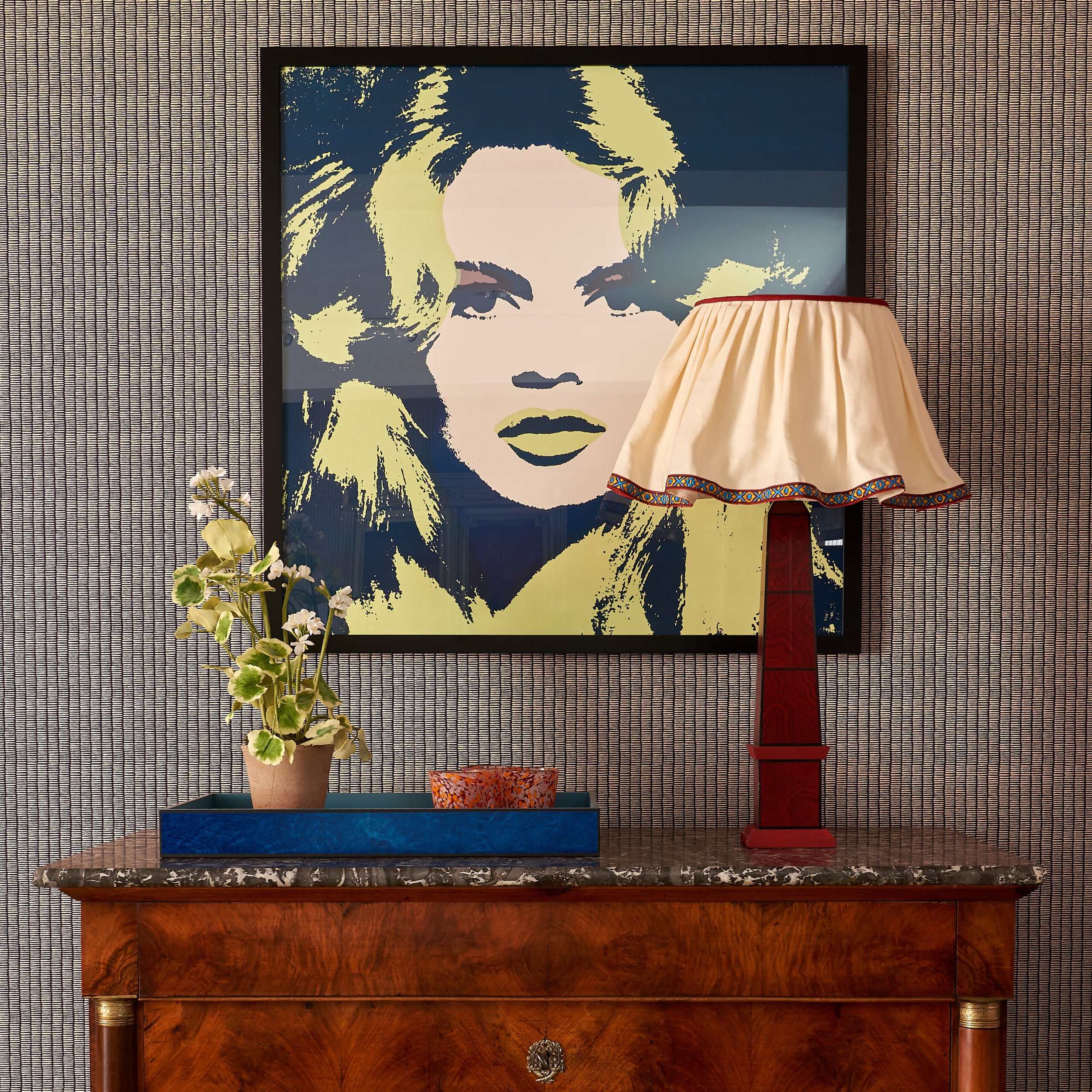 Knick Knock Gathered Lampshade with Yellow and Blue Trim - 16 inch by Sarah Vanrenen