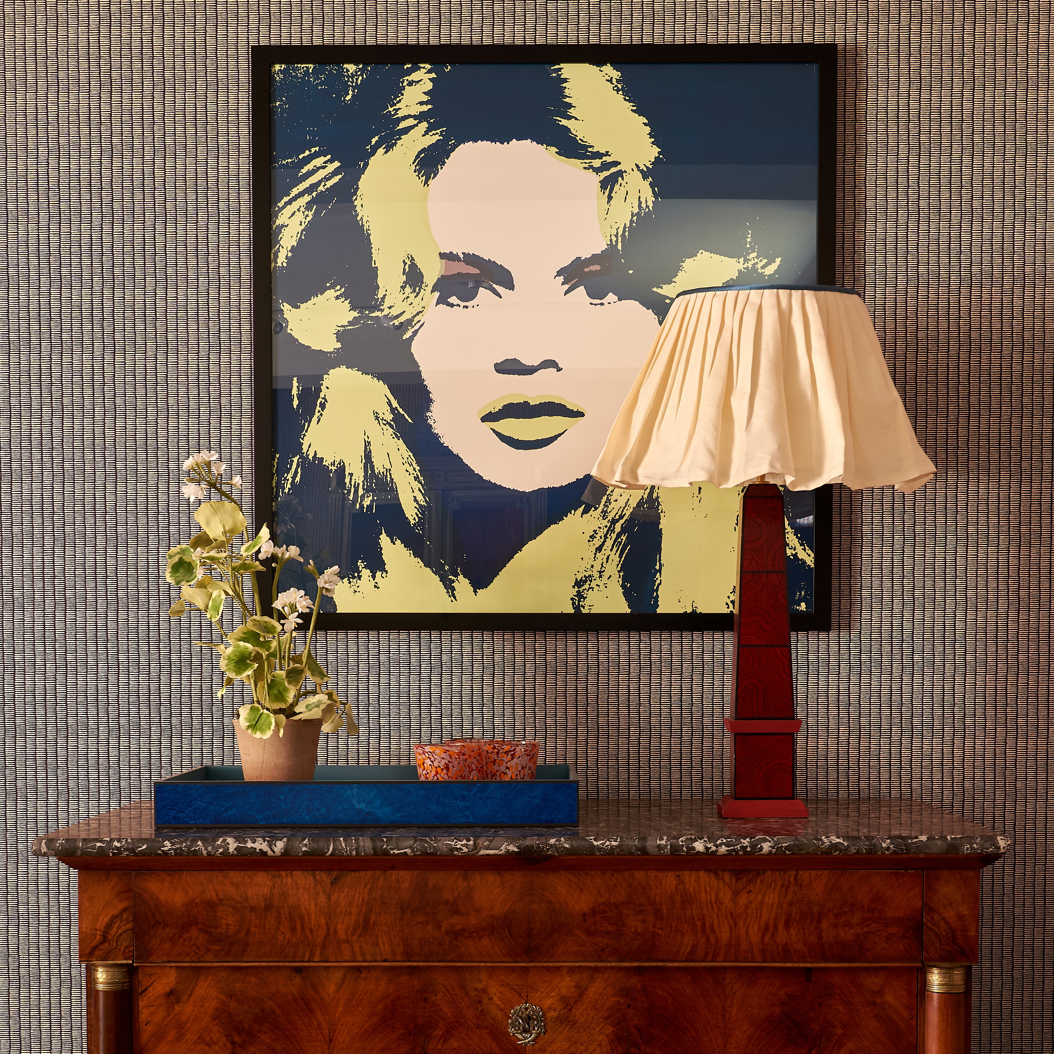 16" Knick Knock Gathered Lampshade with blue silk top trim