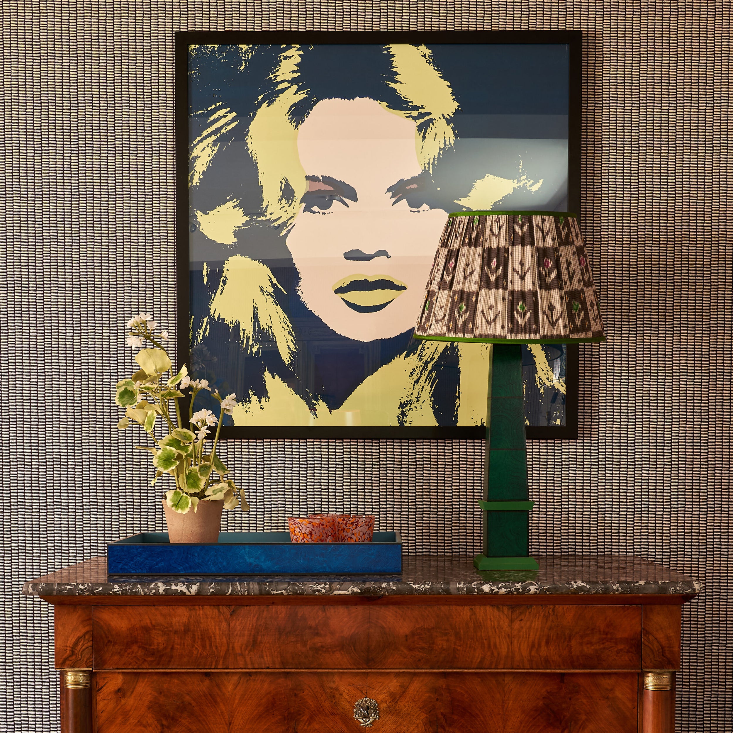 Handpainted malachite obelisk lamp in green by Sarah Vanrenen