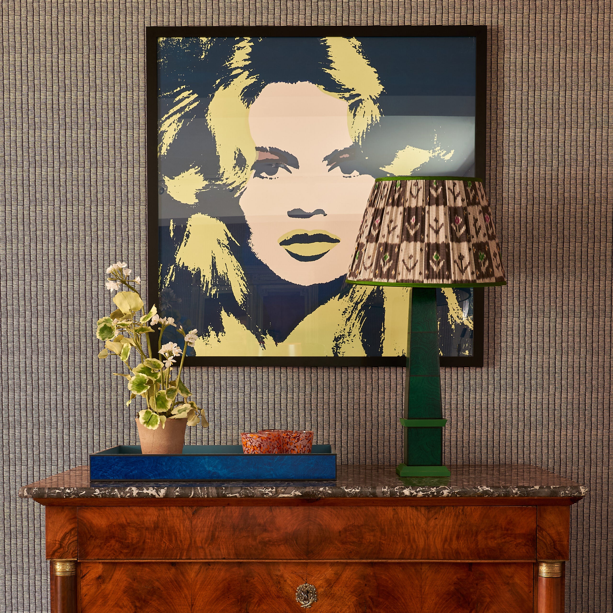 Handpainted malachite obelisk lamp in green by Sarah Vanrenen