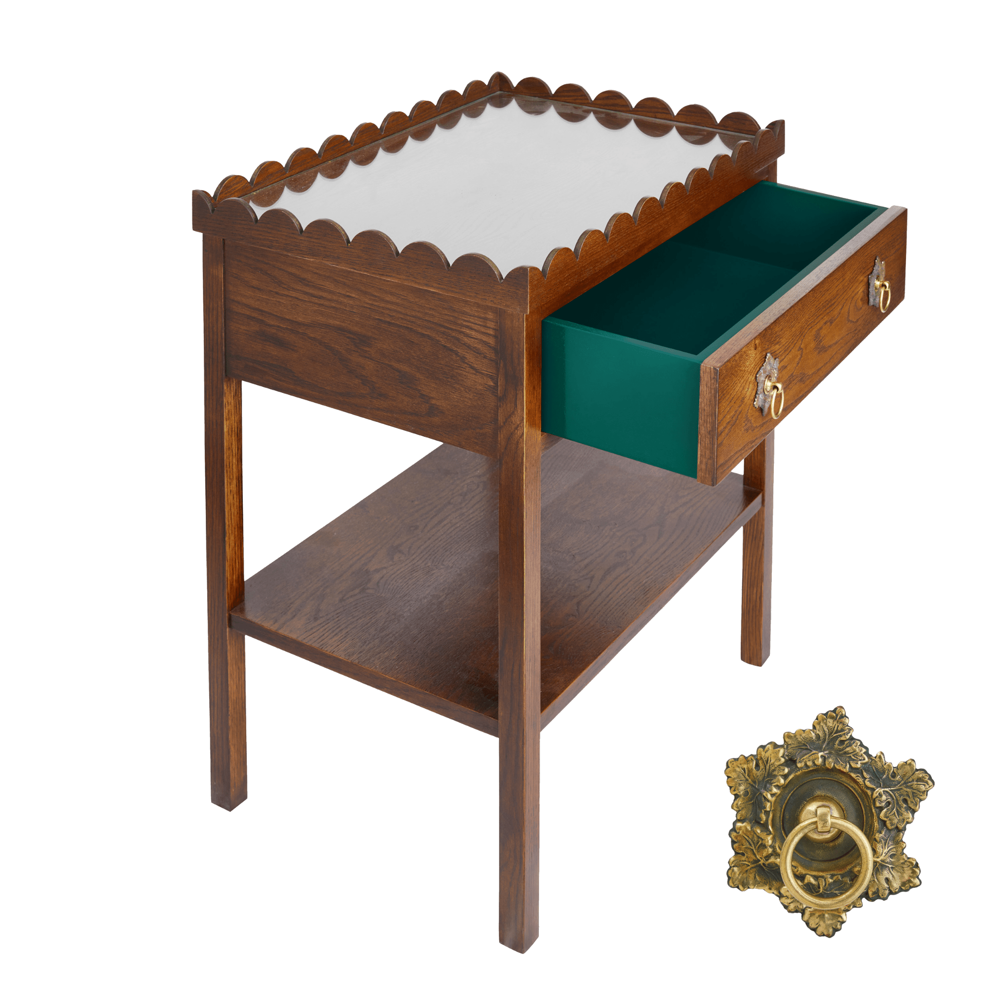 Scalloped Oak Bedside Table with Coloured Drawer Insert and choice of Handles