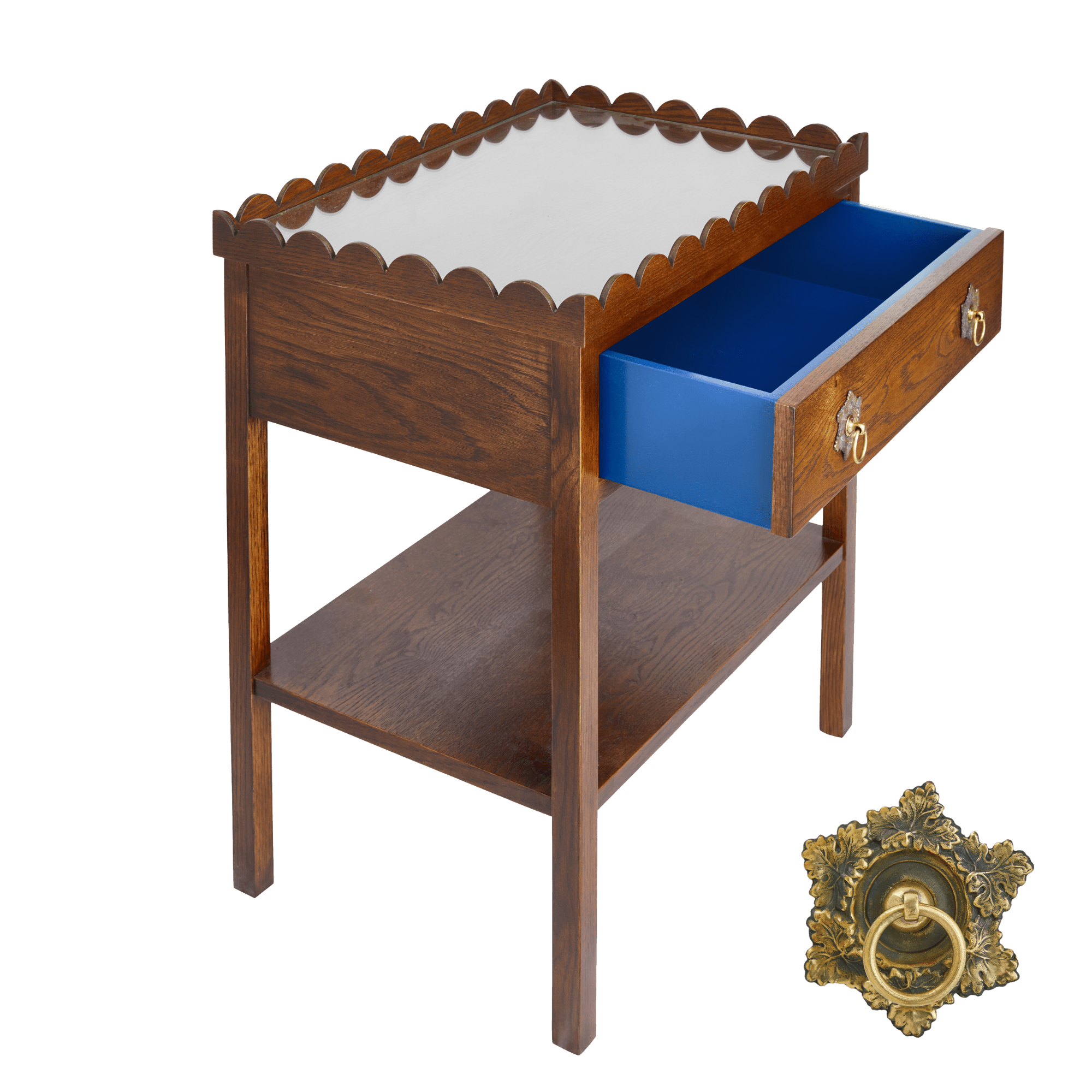 Scalloped Oak Bedside Table with Coloured Drawer Insert and choice of Handles