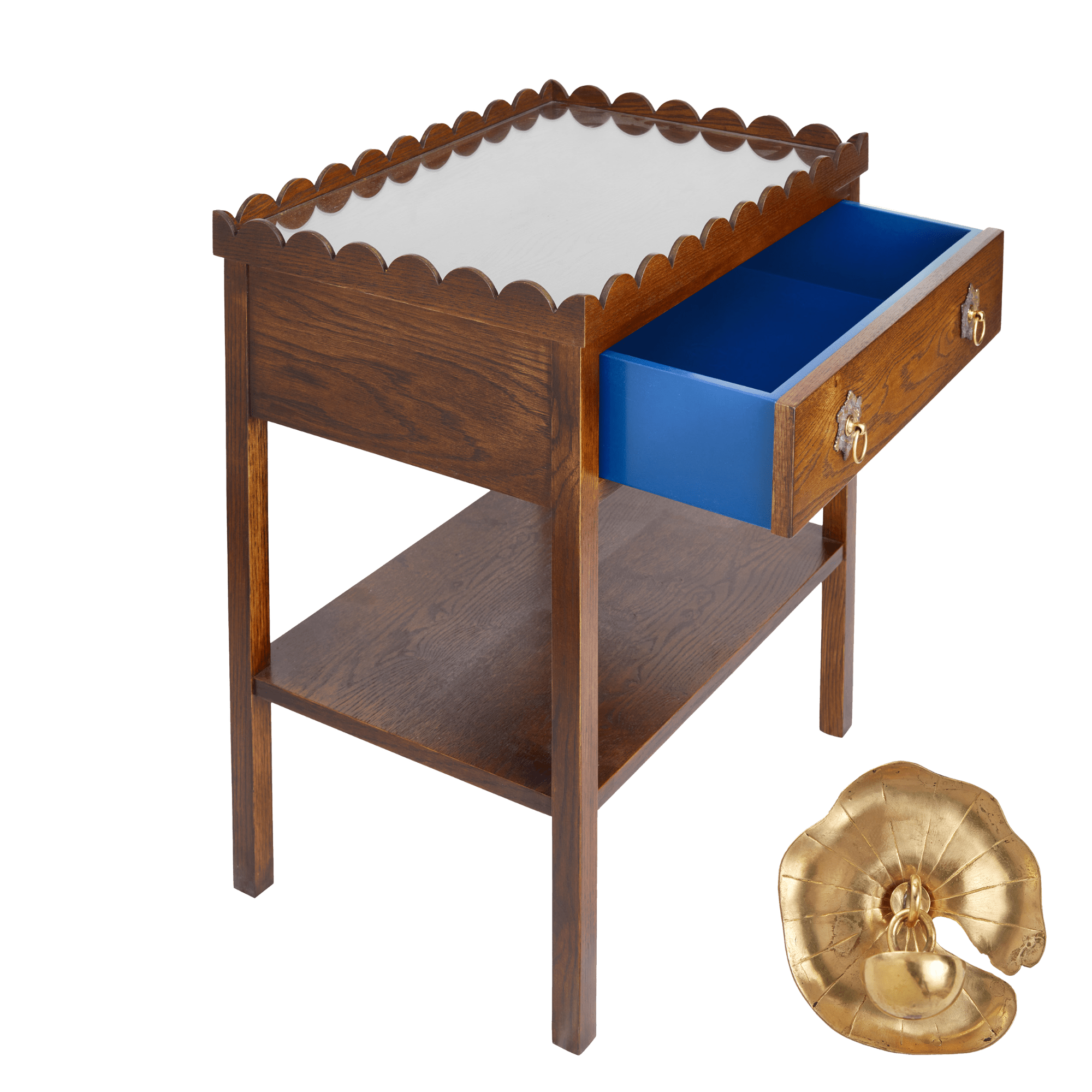 Scalloped Oak Bedside Table with Coloured Drawer Insert and choice of Handles