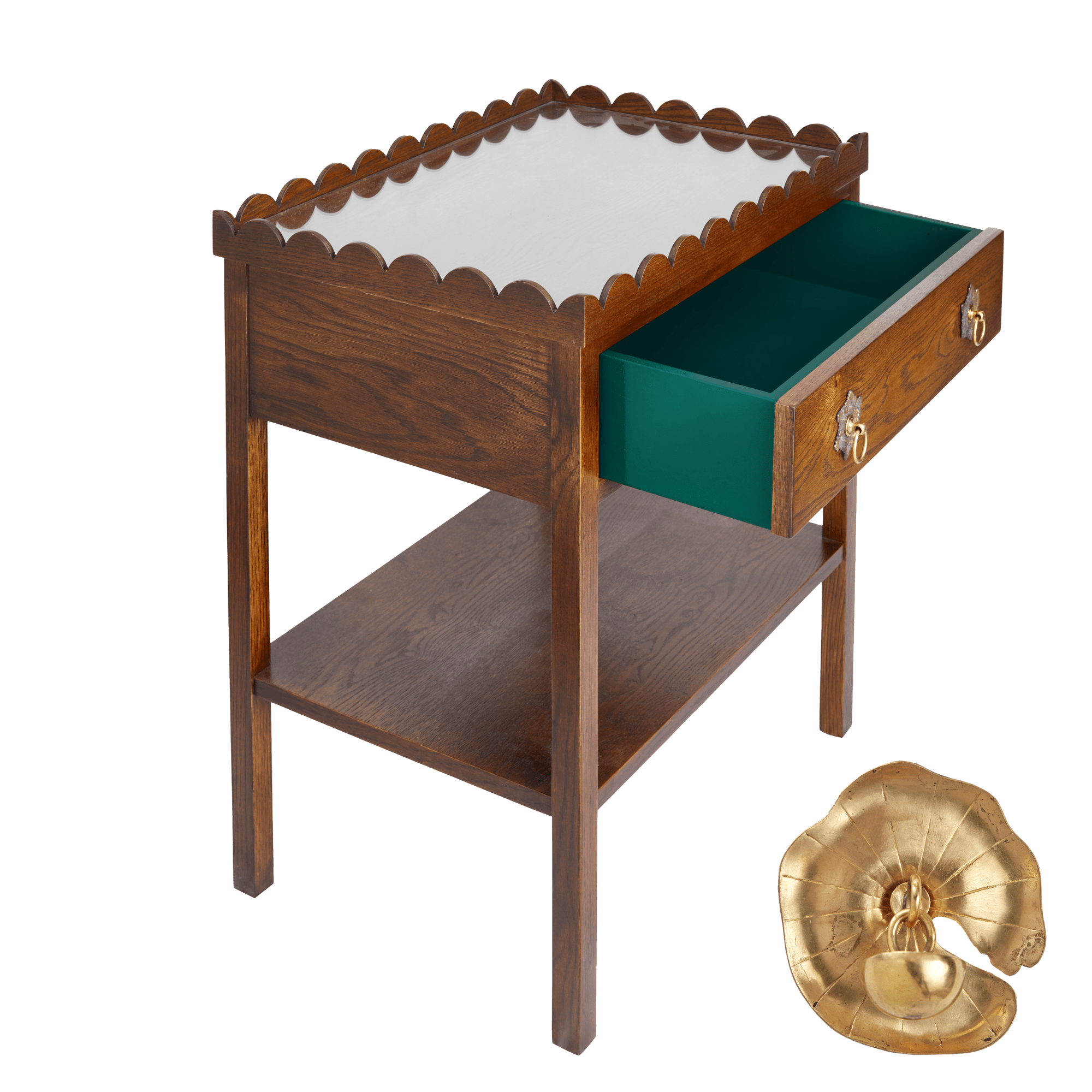 Scalloped Oak Bedside Table with Coloured Drawer Insert and choice of Handles