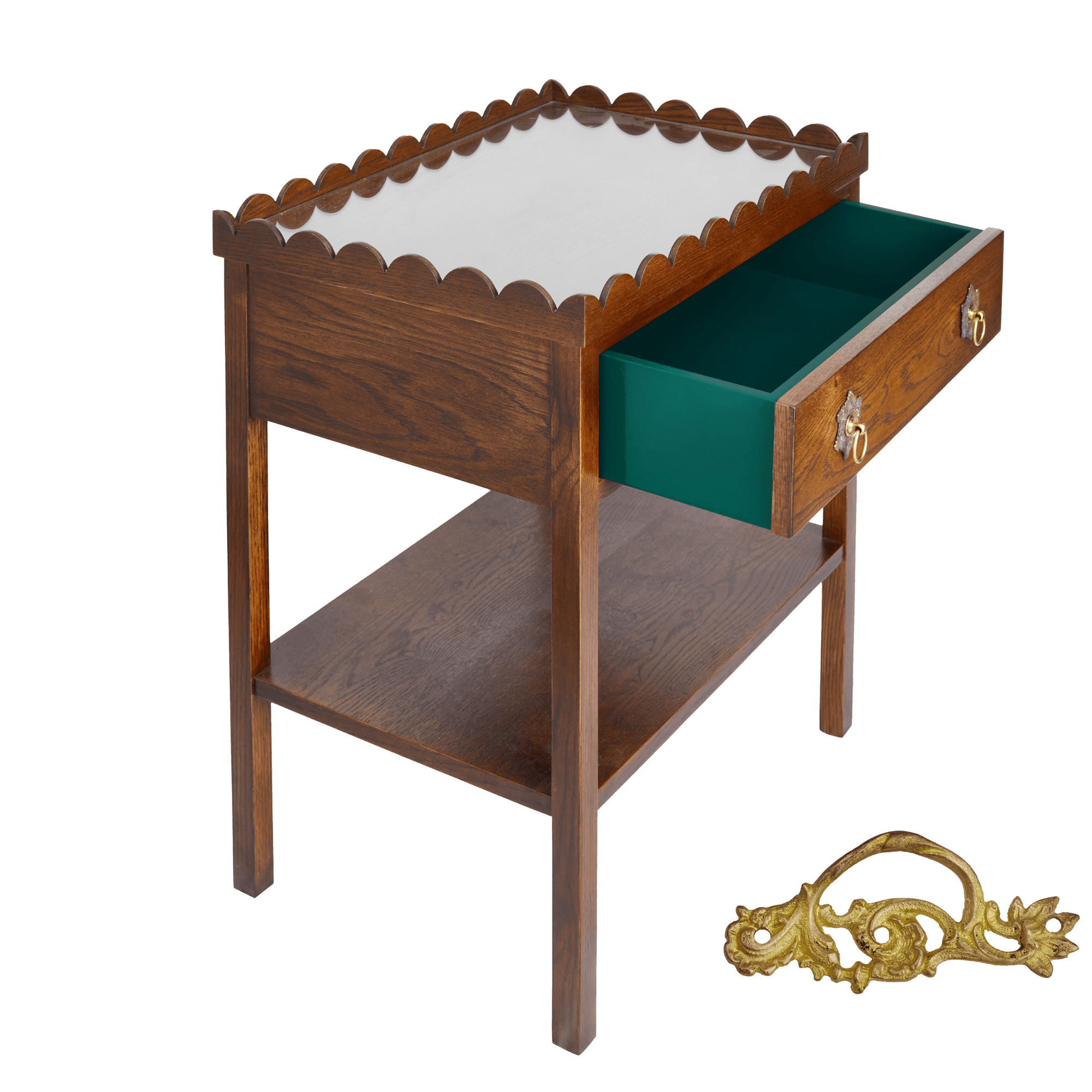 Scalloped Oak Bedside Table with Coloured Drawer Insert and choice of Handles