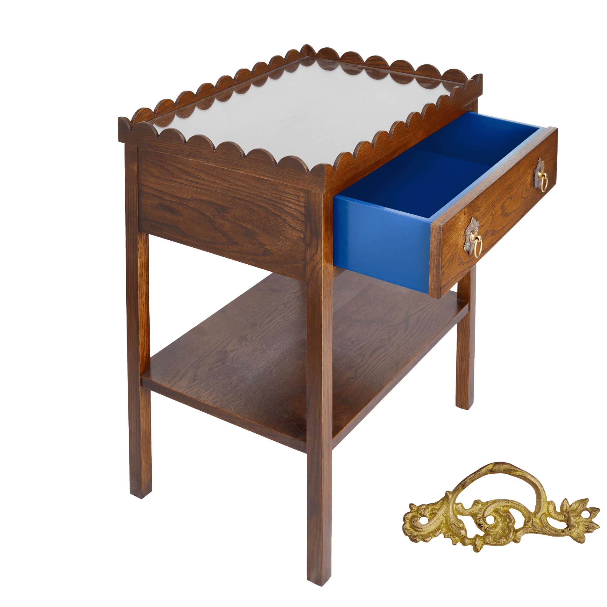 Scalloped Oak Bedside Table with Coloured Drawer Insert and choice of Handles