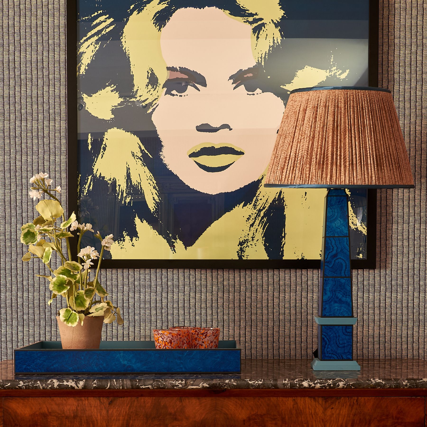 Handpainted malachite obelisk lamp in blue by Sarah Vanrenen