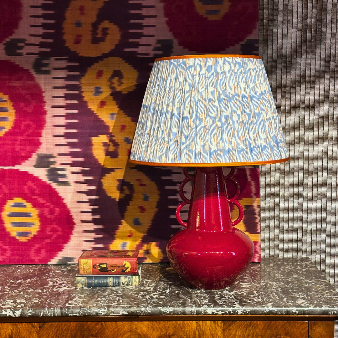 20 inch Blue and Orange Silk Gathered Lampshade by Sarah Vanrenen