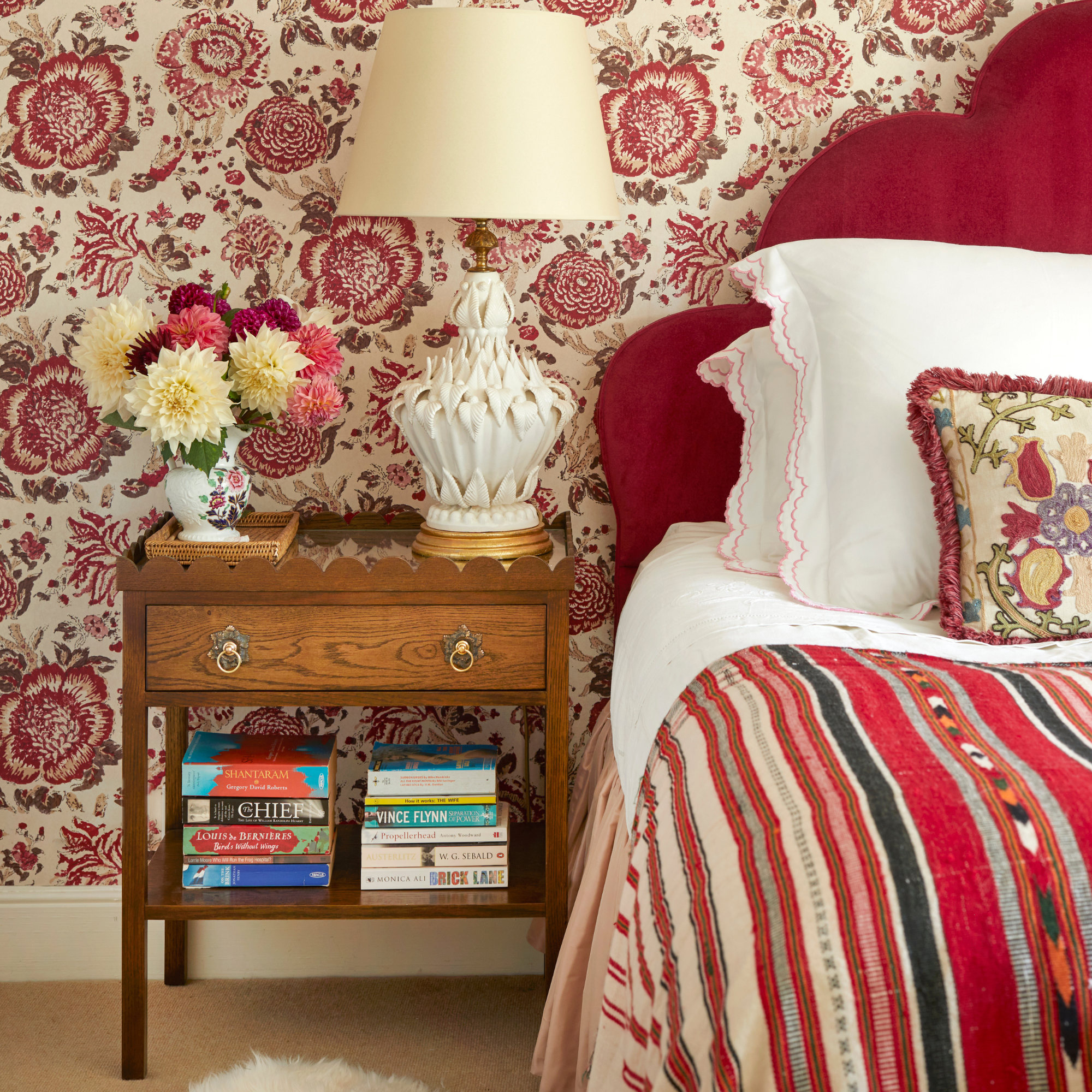 Scalloped Oak Bedside Table with Coloured Drawer Insert and choice of Handles