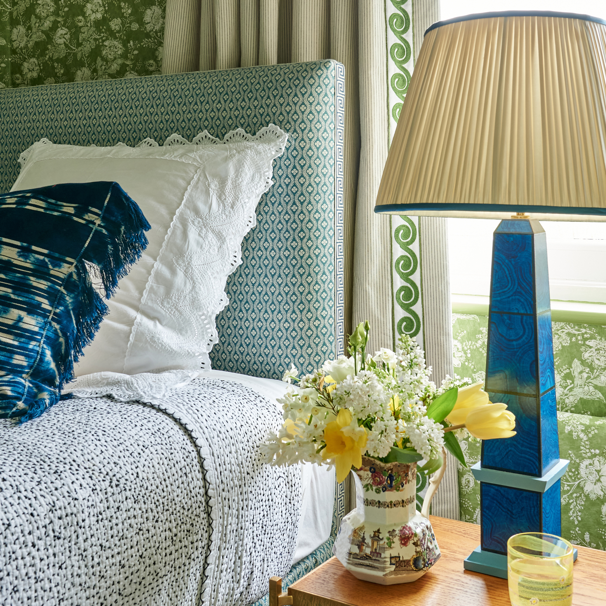 Handpainted malachite obelisk lamp in blue by Sarah Vanrenen