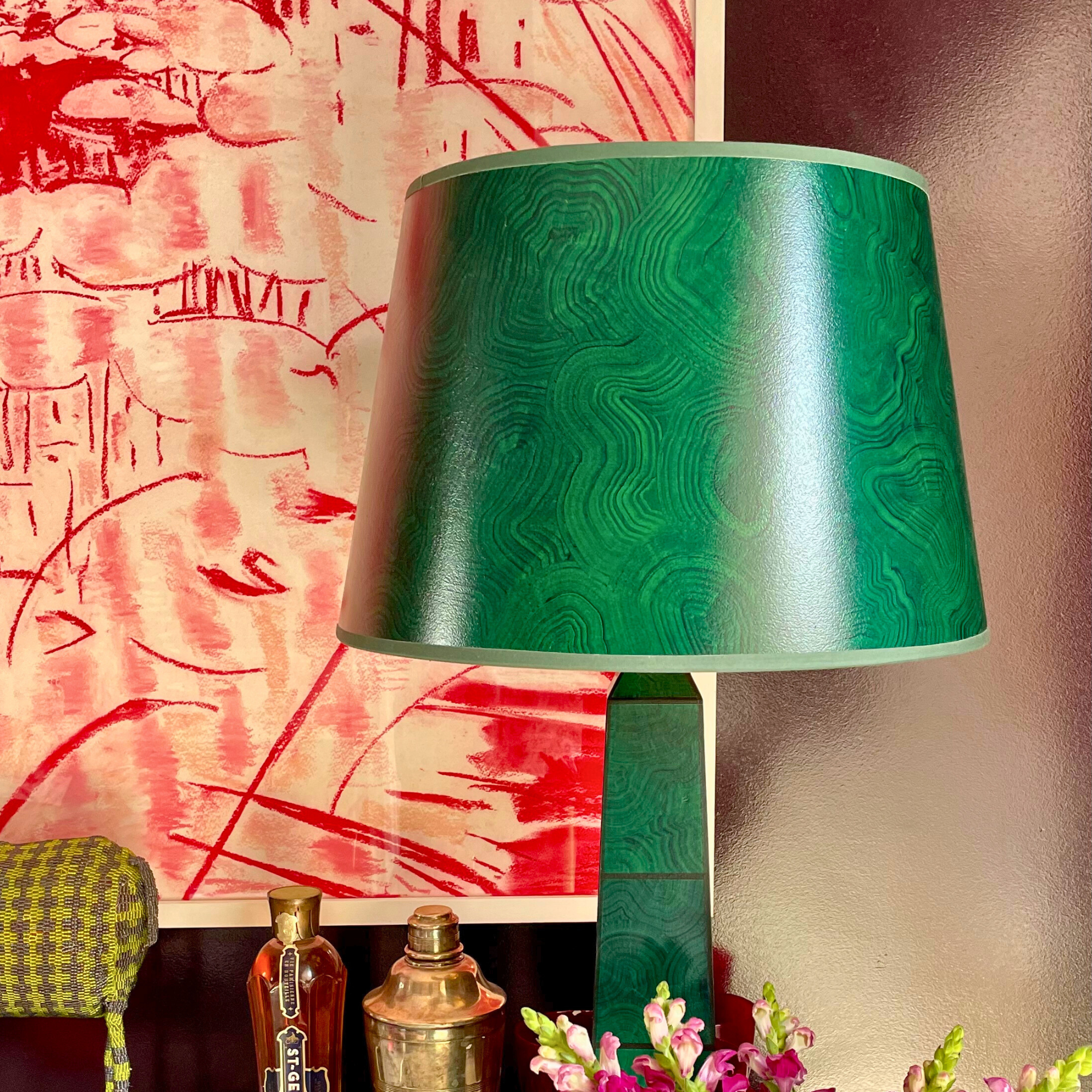 Hand painted lampshade 16" with reflective gold lining - Green Malachite by Sarah Vanrenen