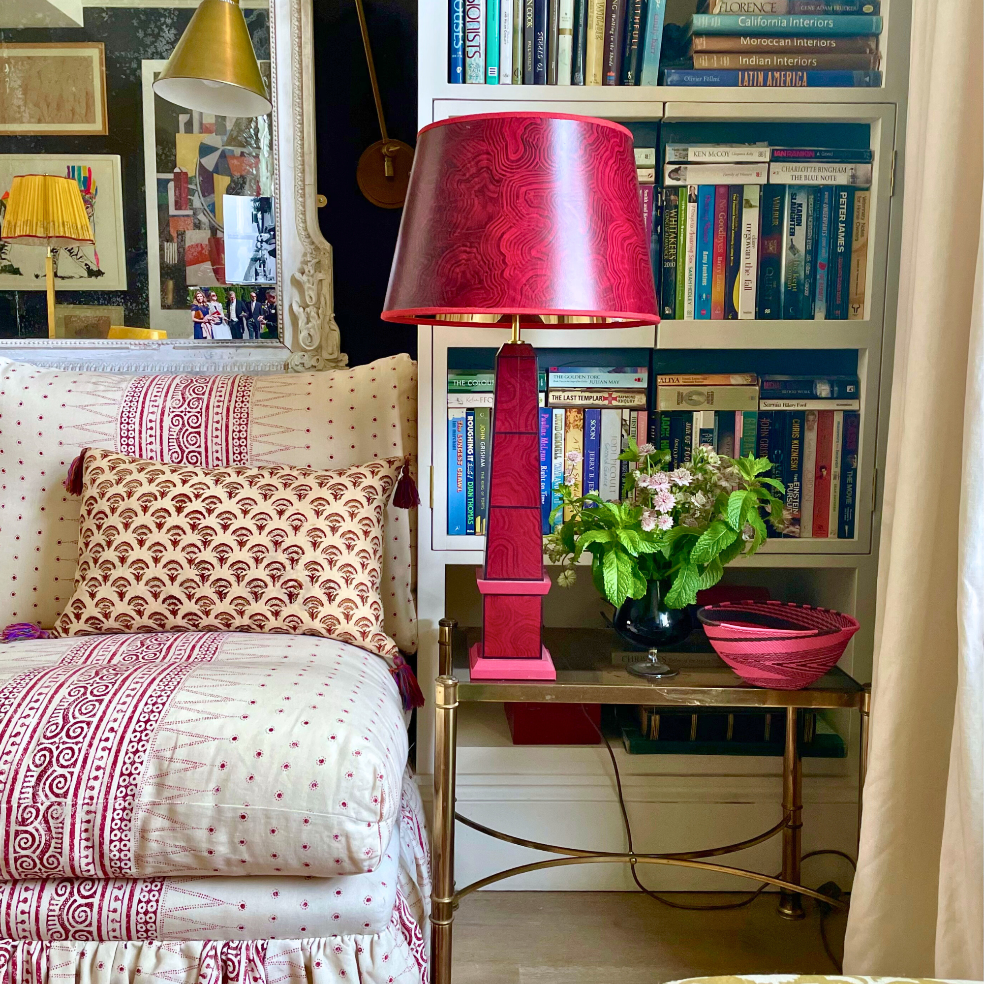 Hand painted lampshade with reflective gold lining - Red Malachite