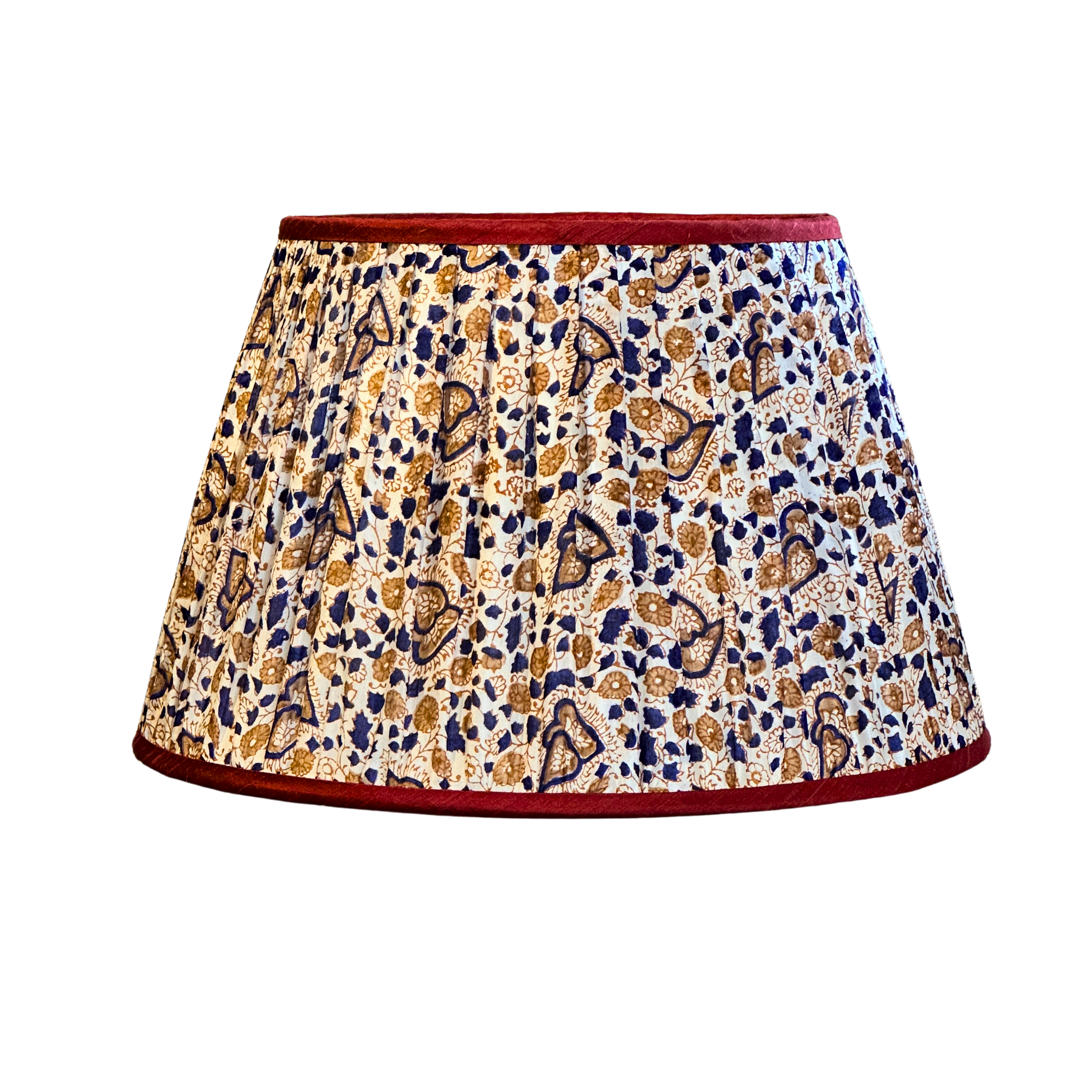 14 inch Blue and Cinnamon Silk Block Print Gathered Lampshade