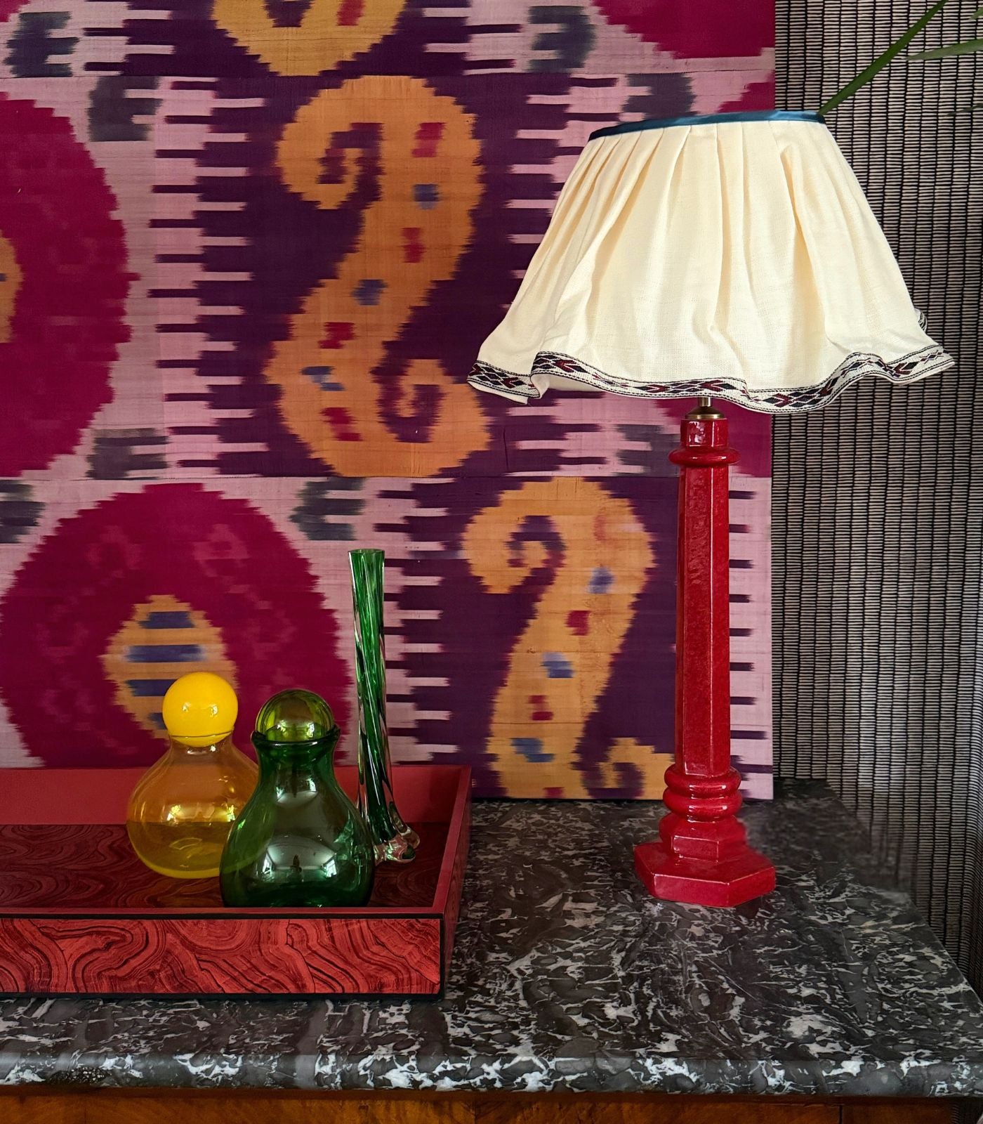 14" Knick Knock Gathered Lampshade with red and black trim