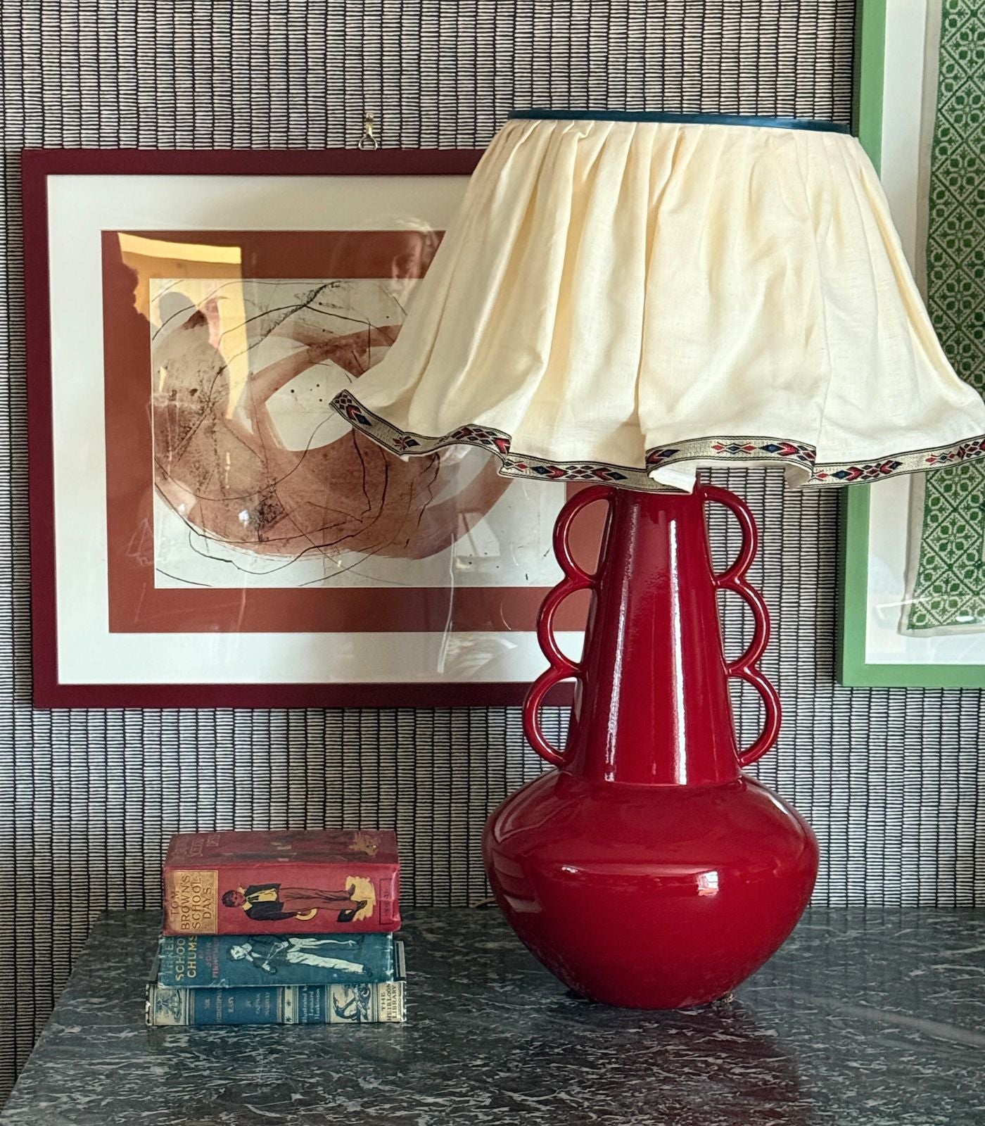 18" Knick Knock Gathered Lampshade with red and black trim