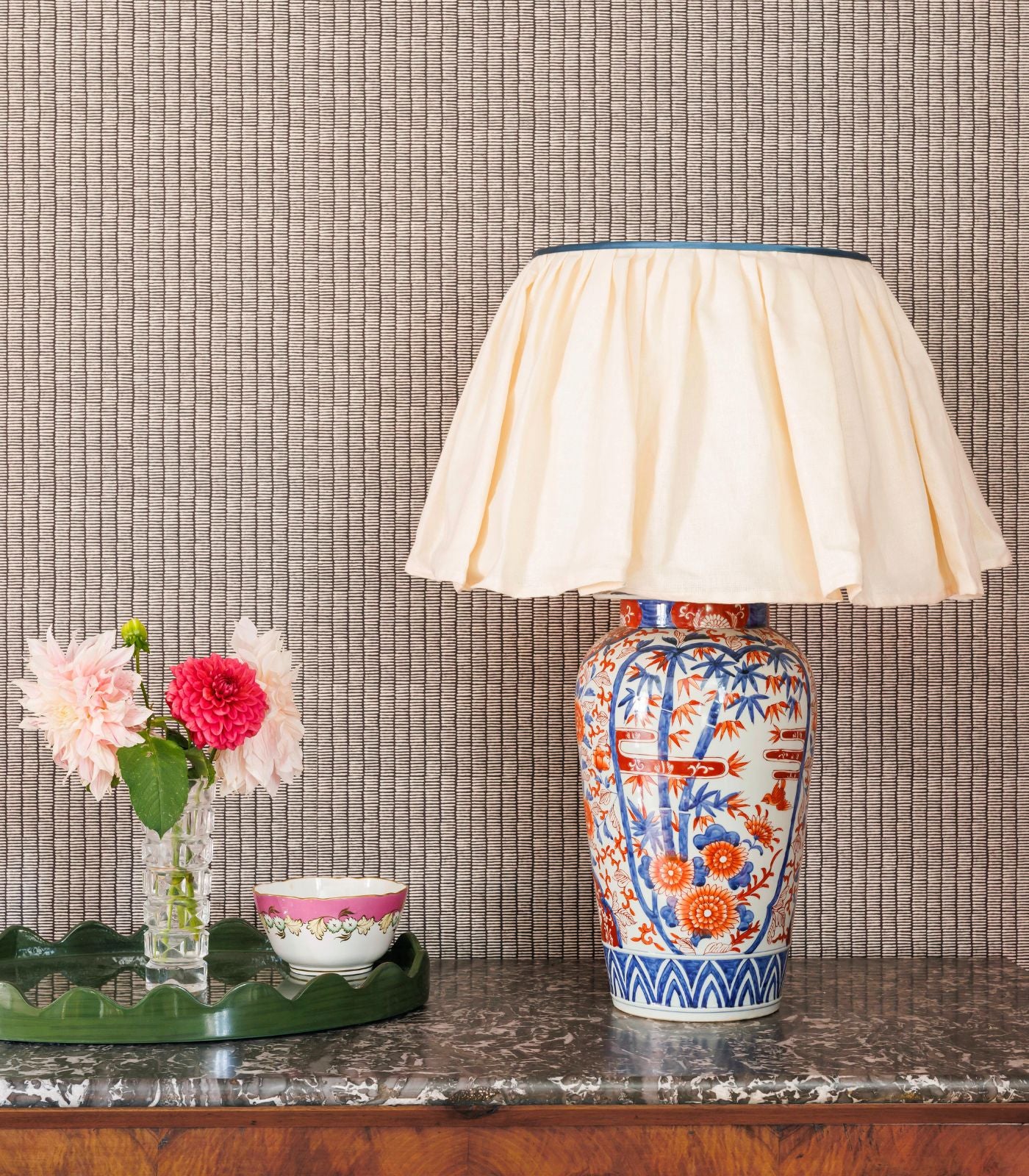 20" Knick Knock Gathered Lampshade with blue silk top trim